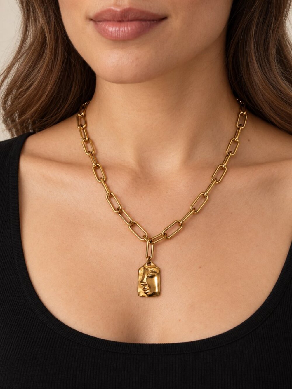 Gold Tone Stainless Steel Abstract Face Pendant Paperclip Chain Necklace